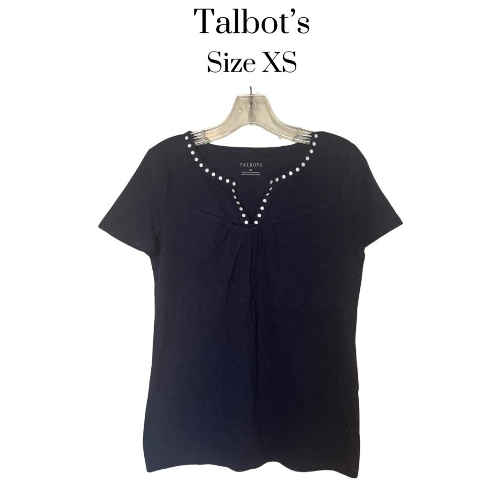 NWT Talbots pullover cotton blue blouse embroidery dots on the collar.  Size XS